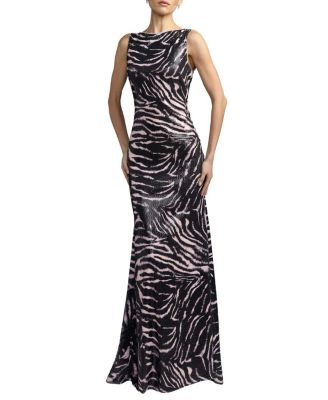  Tiger Print Cowl Back Sequin Gown