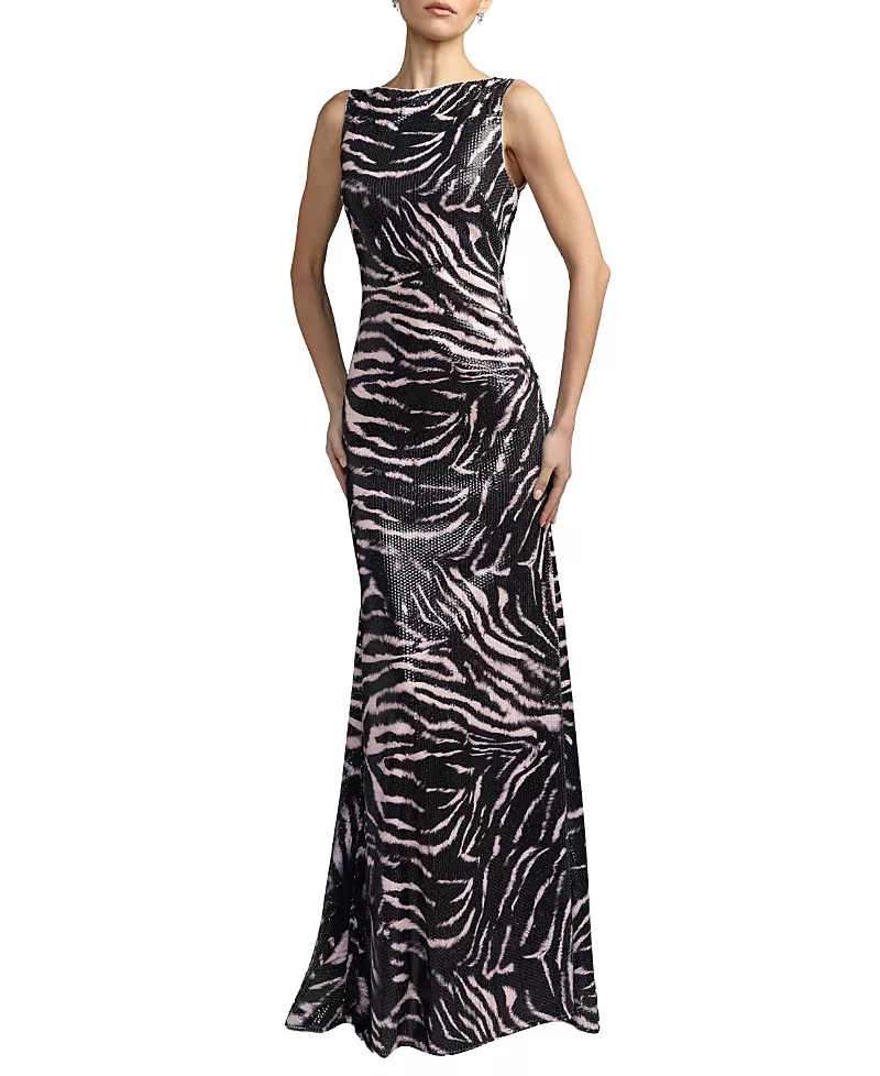 Mac Duggal Tiger Print Cowl Back Sequin Gown