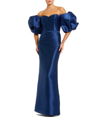  Off The Shoulder Puff Sleeve Satin Evening Gown