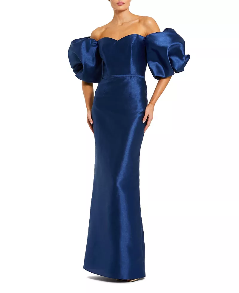 Mac Duggal Off The Shoulder Puff Sleeve Satin Evening Gown