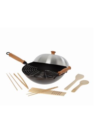  Carbon Steel Ceramic Nonstick Flat Bottom Wok Set with Lid and Maple Handles, 10 Pieces, 25" L x 14" W x 6" H