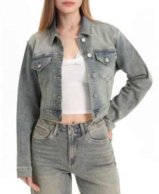  Denim Jacket with Rhinestone Stretch Comfortable Wear in Pureedge