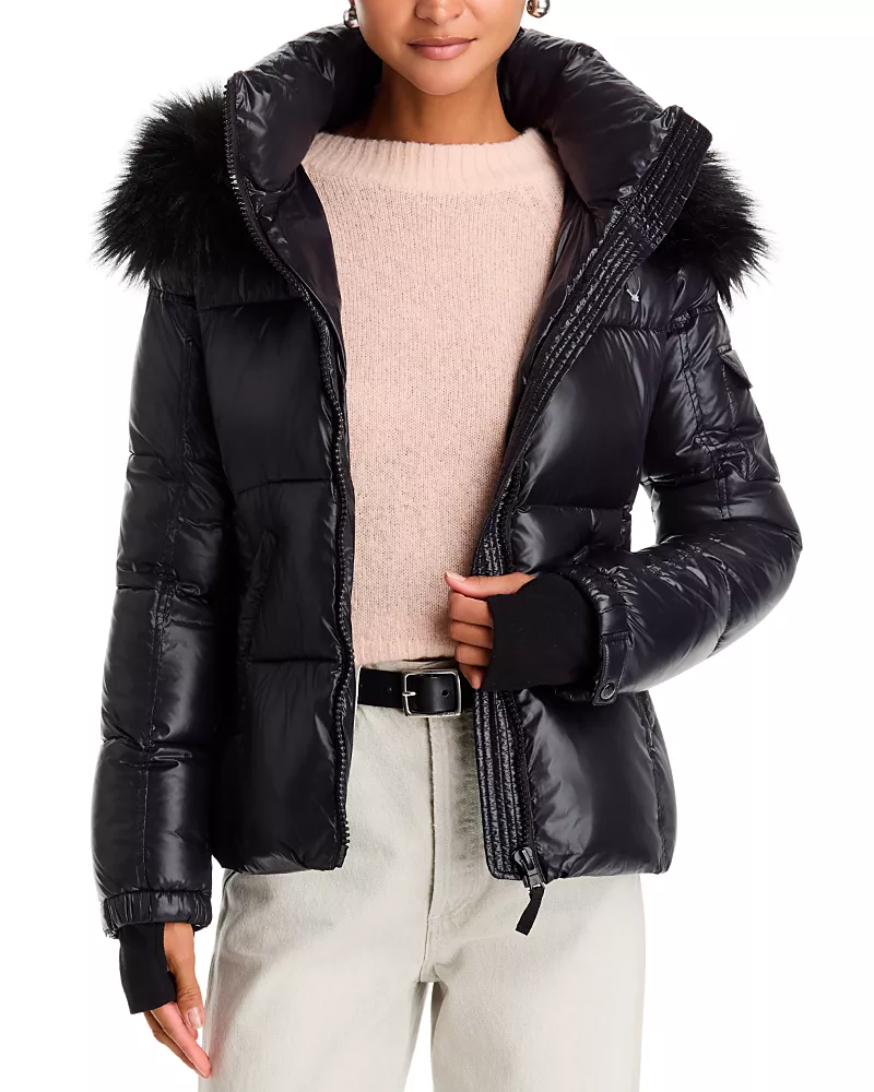 Aqua Gloss Faux Fur Trim Hooded Puffer Coat - Exclusive