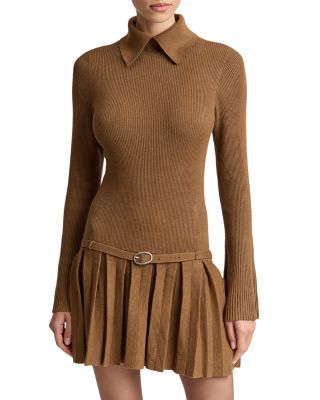 Belted Drop Waist Pleated Sweater Dress
