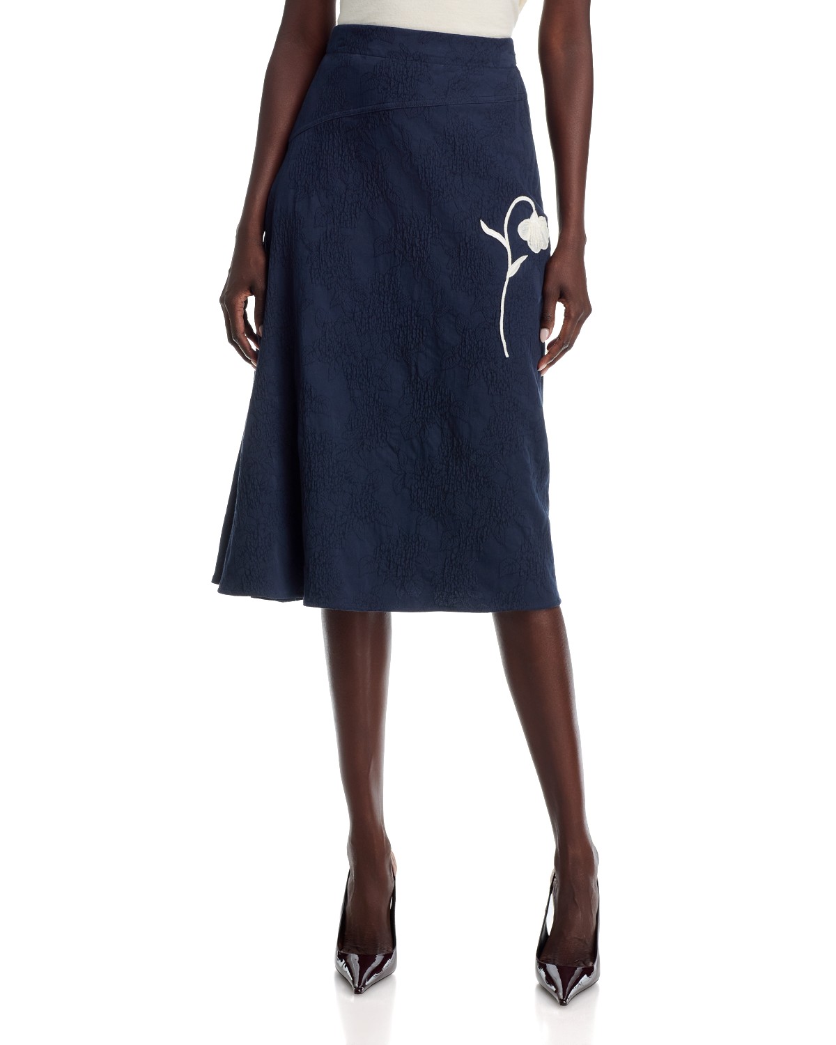 Erdem Flower Jacquard Drape Midi Skirt in Midnight Blue