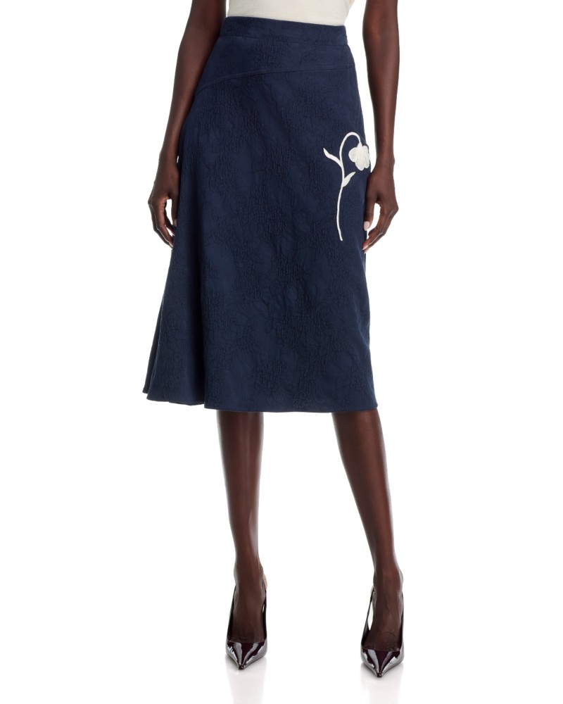 Erdem Flower Jacquard Drape Midi Skirt in Midnight Blue