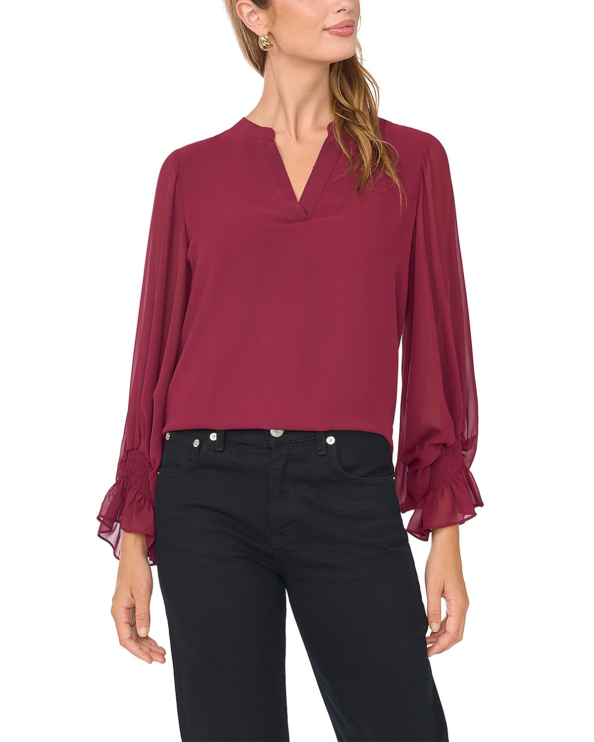 Vince Camuto V Neck Sheer Sleeve Top