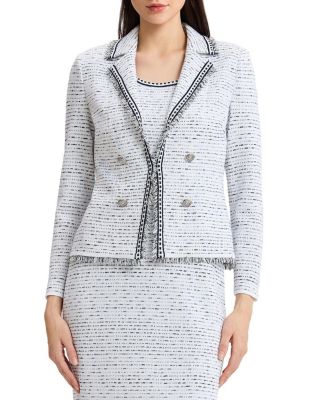Ming Wang Plus Eyelash Trim Lapel Collar Knit Jacket In White/indigo