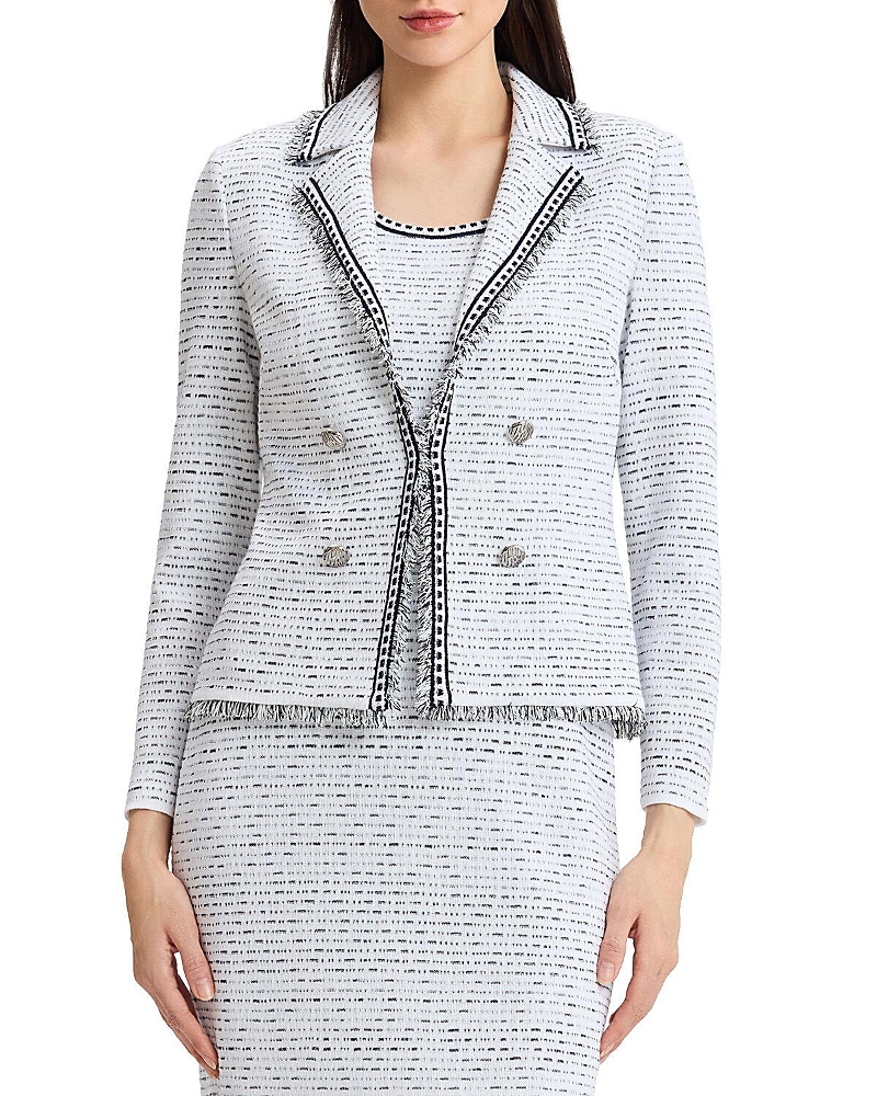 Ming Wang Plus Eyelash Trim Lapel Collar Knit Jacket In White/indigo