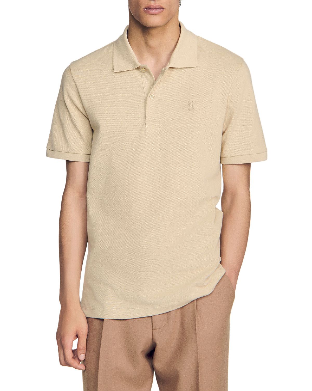 Sandro Mesh Cotton Polo Shirt with Leather Logo Patch