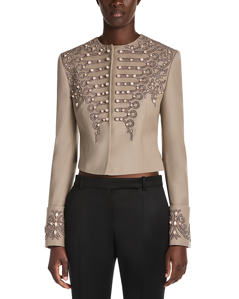 McQueen Wool Embellished Round Neck Jacket
