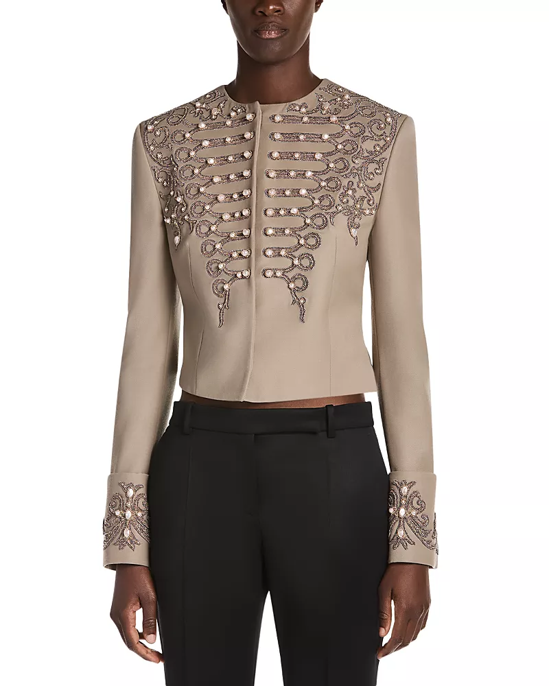 McQueen Wool Embellished Round Neck Jacket