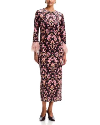 Dayna Printed Feather Trim Maxi Dress