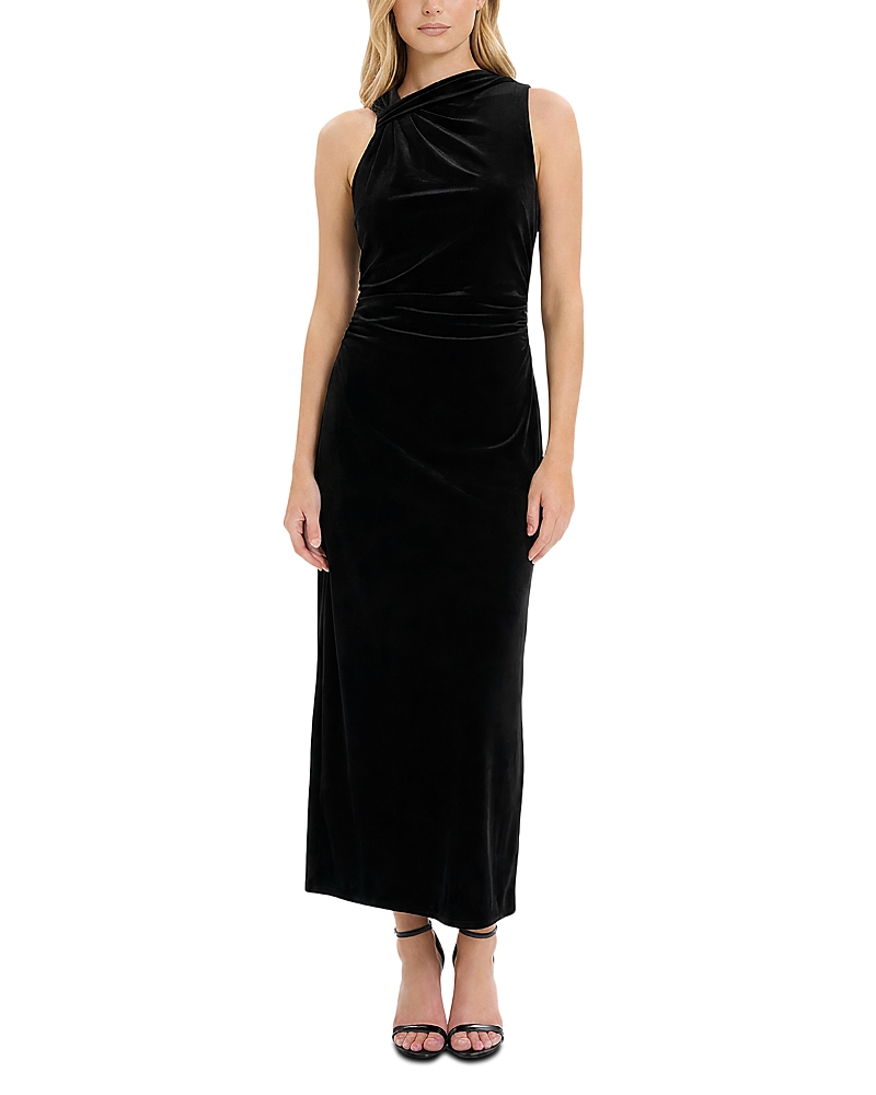 Donna Morgan Velvet Knot Shoulder Midi Dress