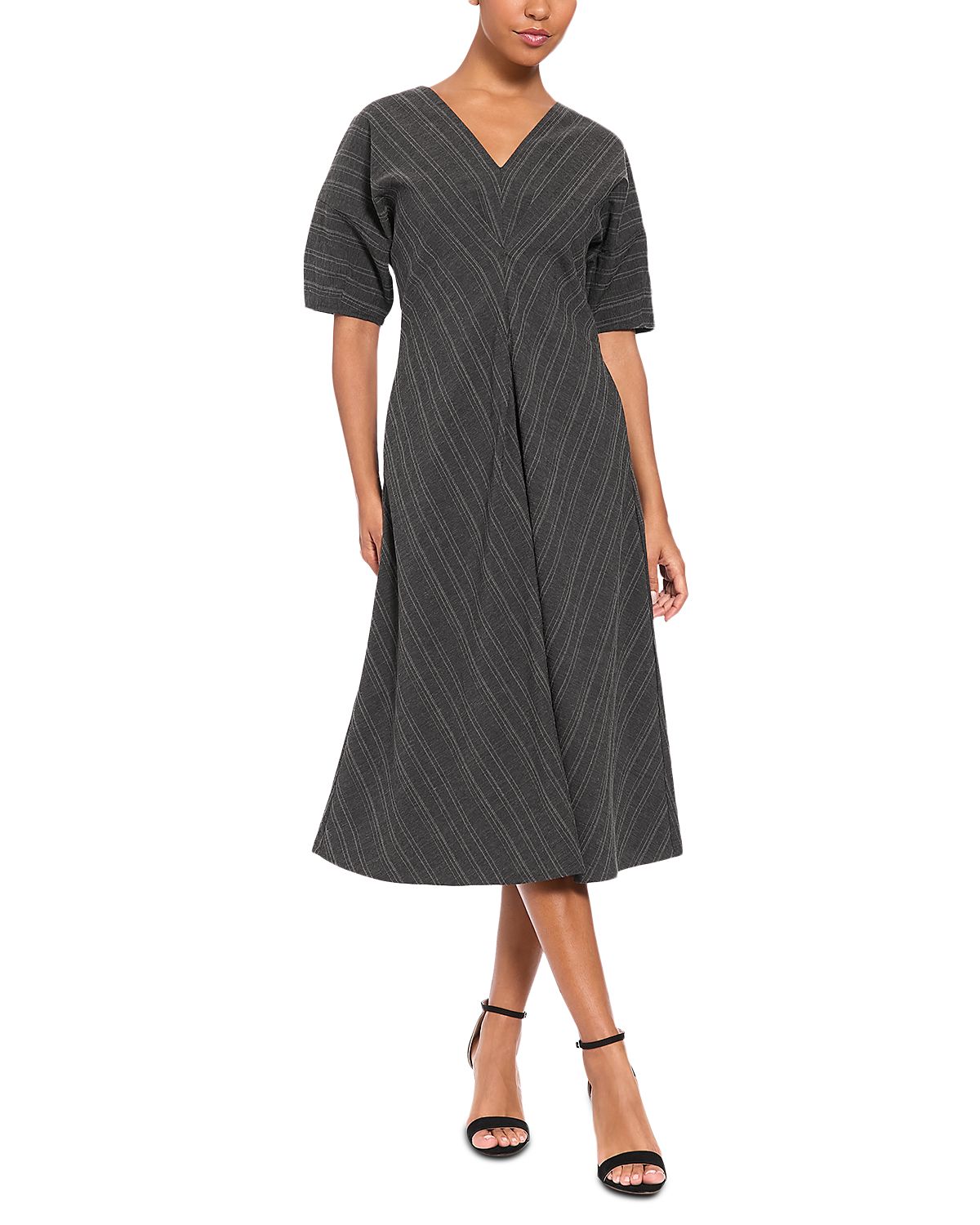 Luxely Puff Sleeve V Neck Midi Dress