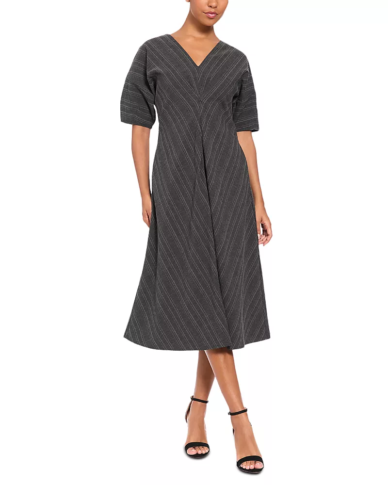 Luxely Puff Sleeve V Neck Midi Dress