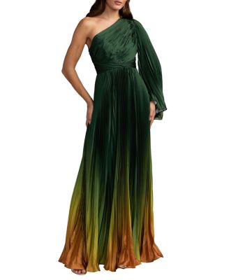  Pleated Charmeuse One Long Flare Sleeve Gown