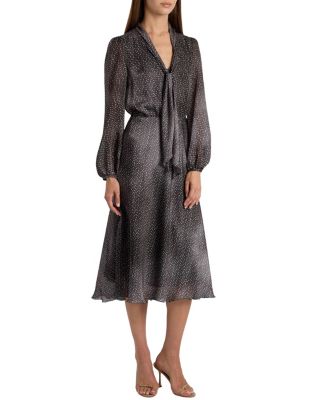 Jenn Midi Dress with Drop Tie Neck in Micro-Dot Print