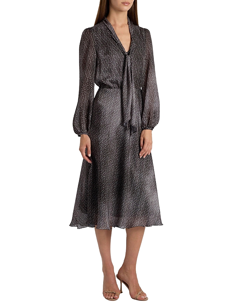 Santorelli Jenn Midi Dress with Drop Tie Neck in Micro-Dot Print