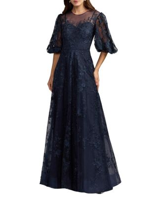  Embroidered Illusion Neck Puff Sleeve A-Line Gown