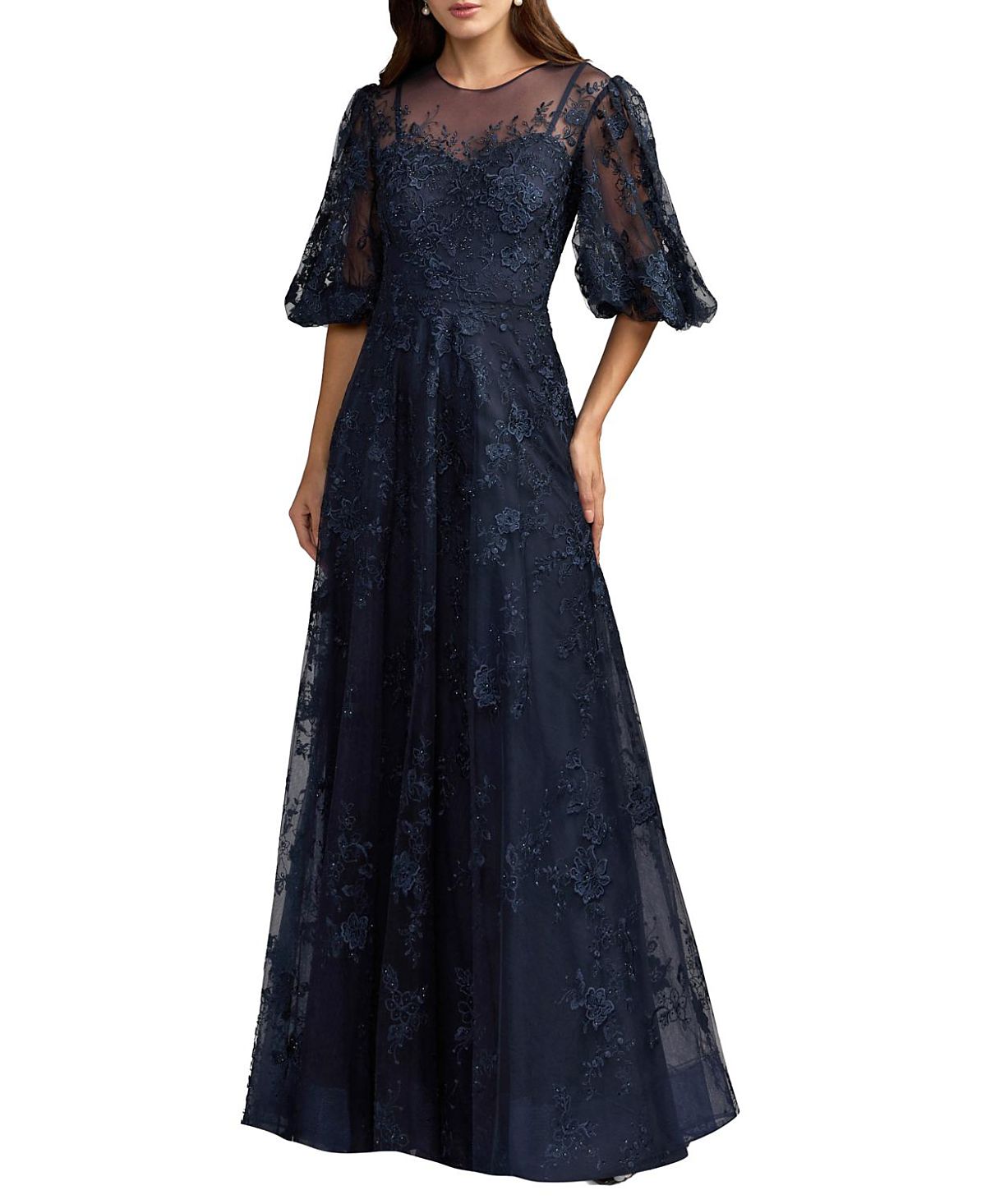 Mac Duggal Embroidered Illusion Neck Puff Sleeve A-Line Gown