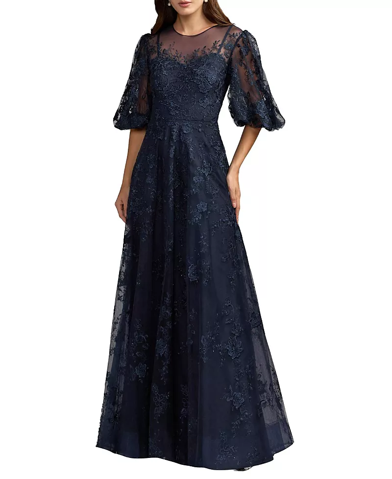 Mac Duggal Embroidered Illusion Neck Puff Sleeve A-Line Gown
