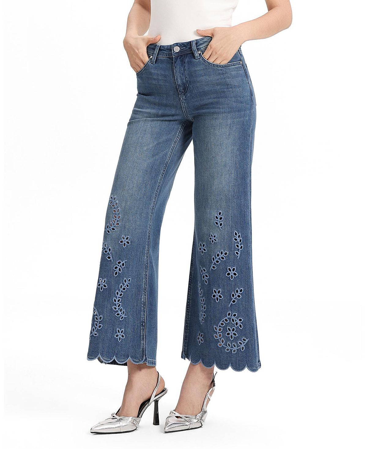 Bayeas Vine Embroidered Mid Rise Flare Wavy Hem Denim Jeans