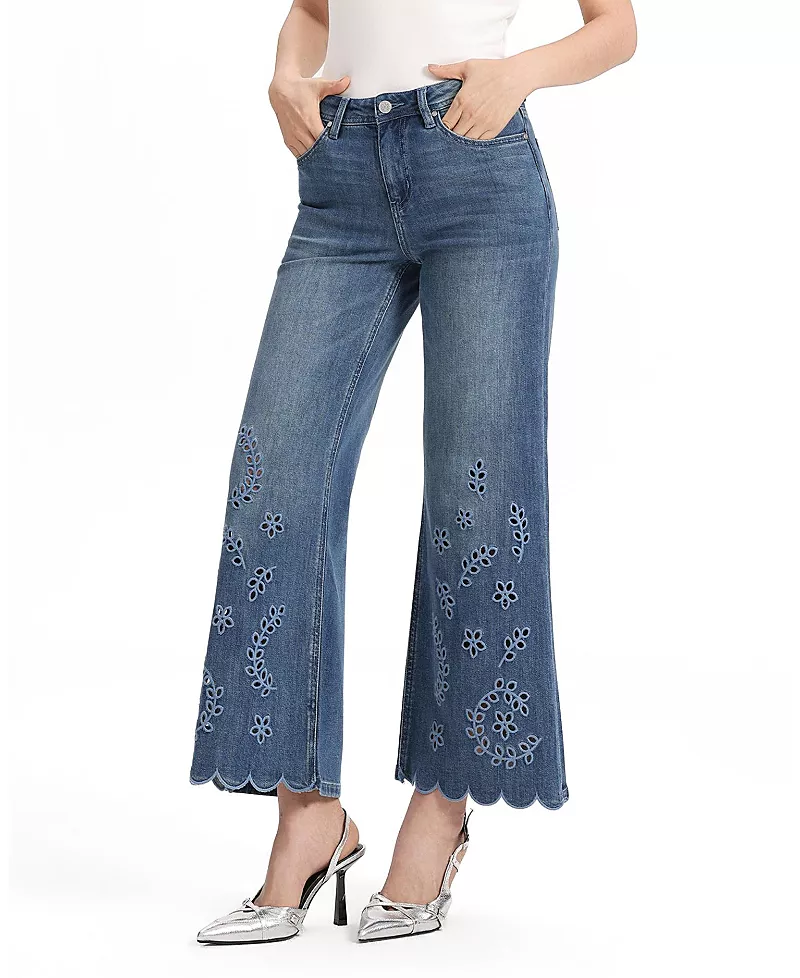 Bayeas Vine Embroidered Mid Rise Flare Wavy Hem Denim Jeans in Nebula