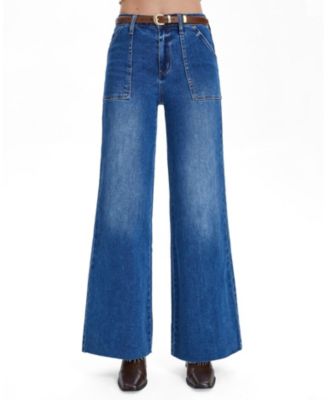  Embroidered High Rise Wide Leg Raw Hem Denim Jeans in Dark Indigo