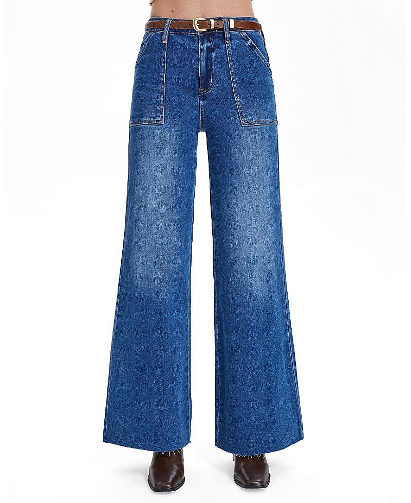 Bayeas Embroidered High Rise Wide Leg Raw Hem Denim Jeans in Dark Indigo