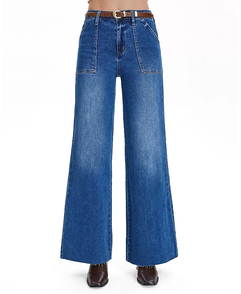 Bayeas Embroidered High Rise Wide Leg Raw Hem Denim Jeans in Dark Indigo