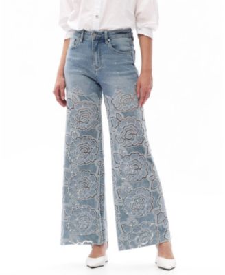  Floral Embroidered Wide Leg Lace Jeans with Rhinestone in Retro Light Blue