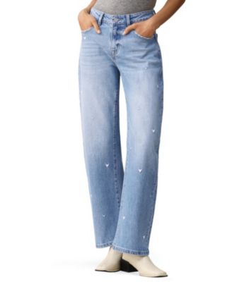 Floral Embroidered Mid Rise Barrel Denim Jeans in Medium Blue