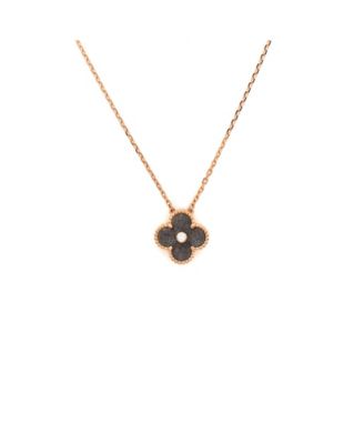  Vintage Alhambra Pendant Necklace 18K Rose Gold and Silver Obsidian with Diamond, 16.5"