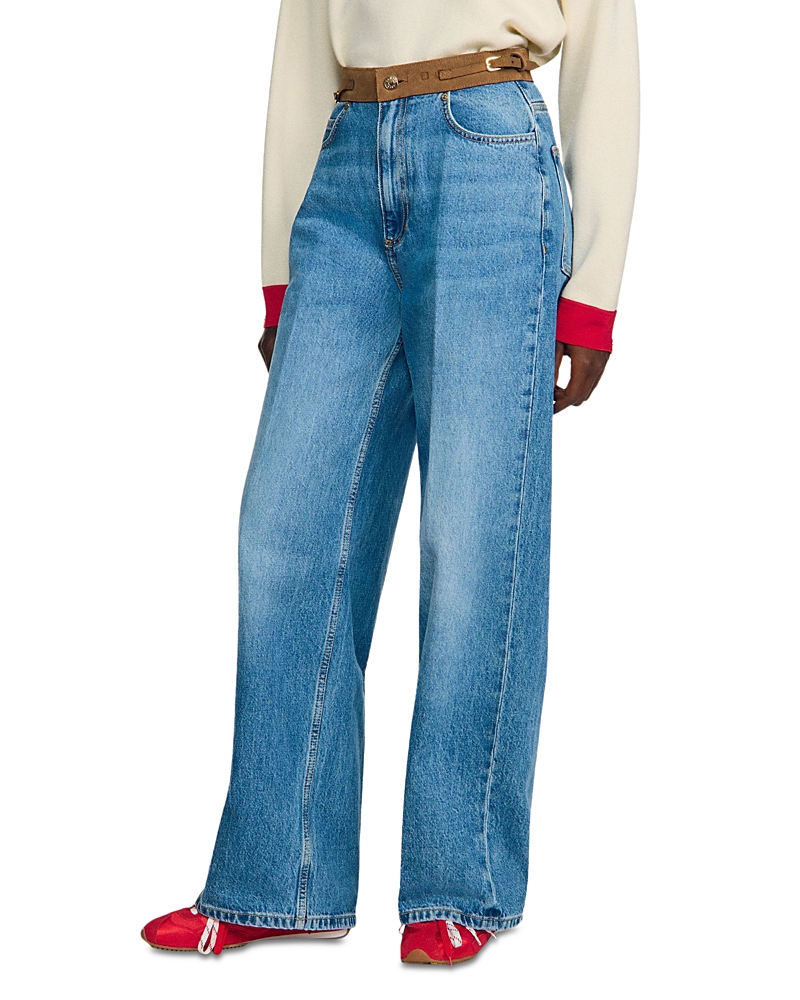 Sandro Sunny High Rise Wide Leg Belted Jeans In Blue Jean