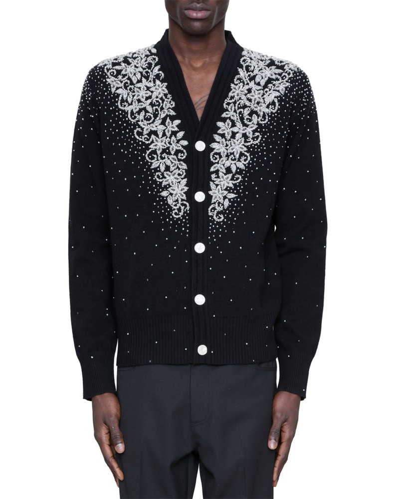 Amiri Beaded Micro Stars Wool & Cashmere Cardigan in Black