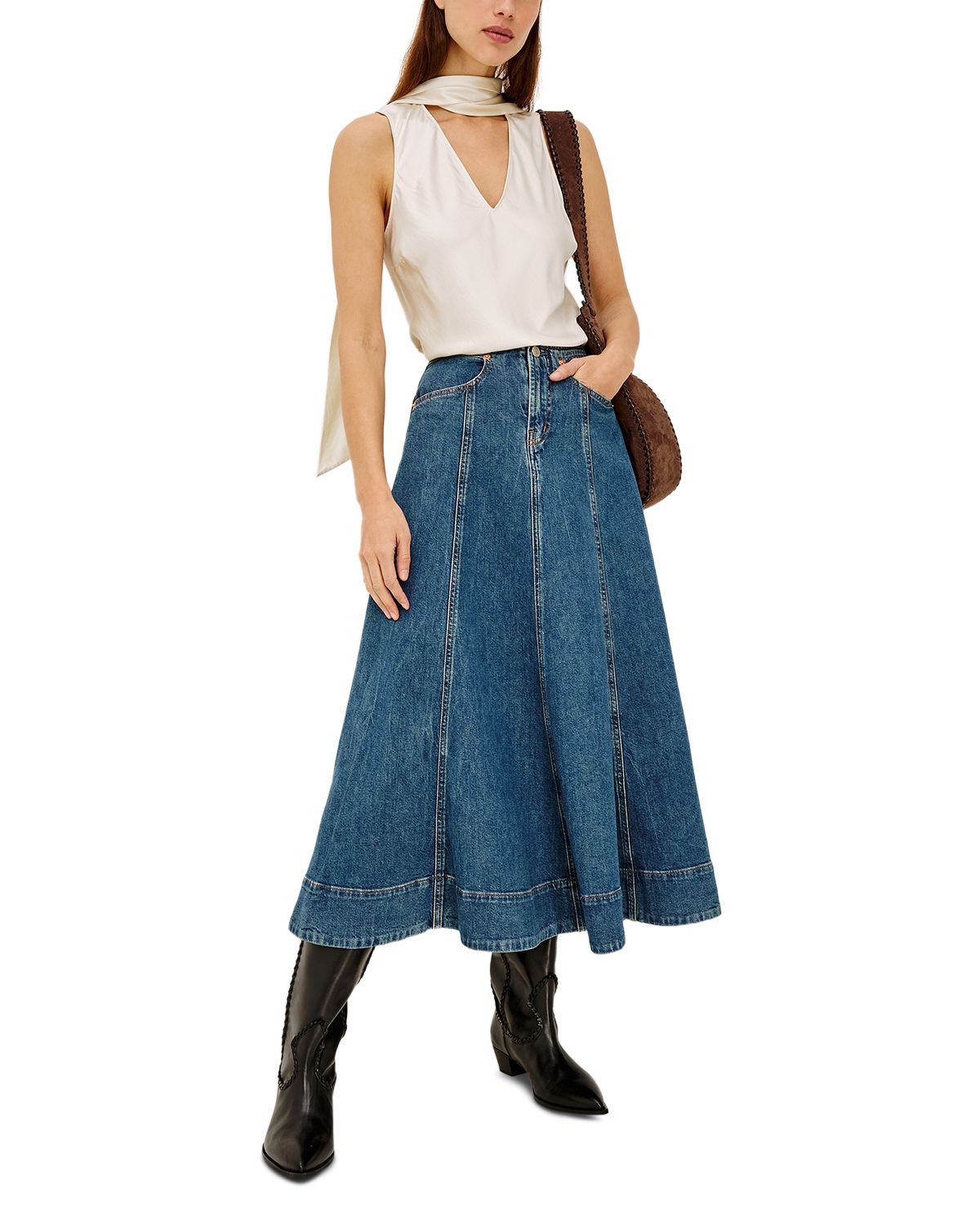 Vicente Cotton Stretch A Line Midi Jean Skirt in Meadowbrook thumbnail 2