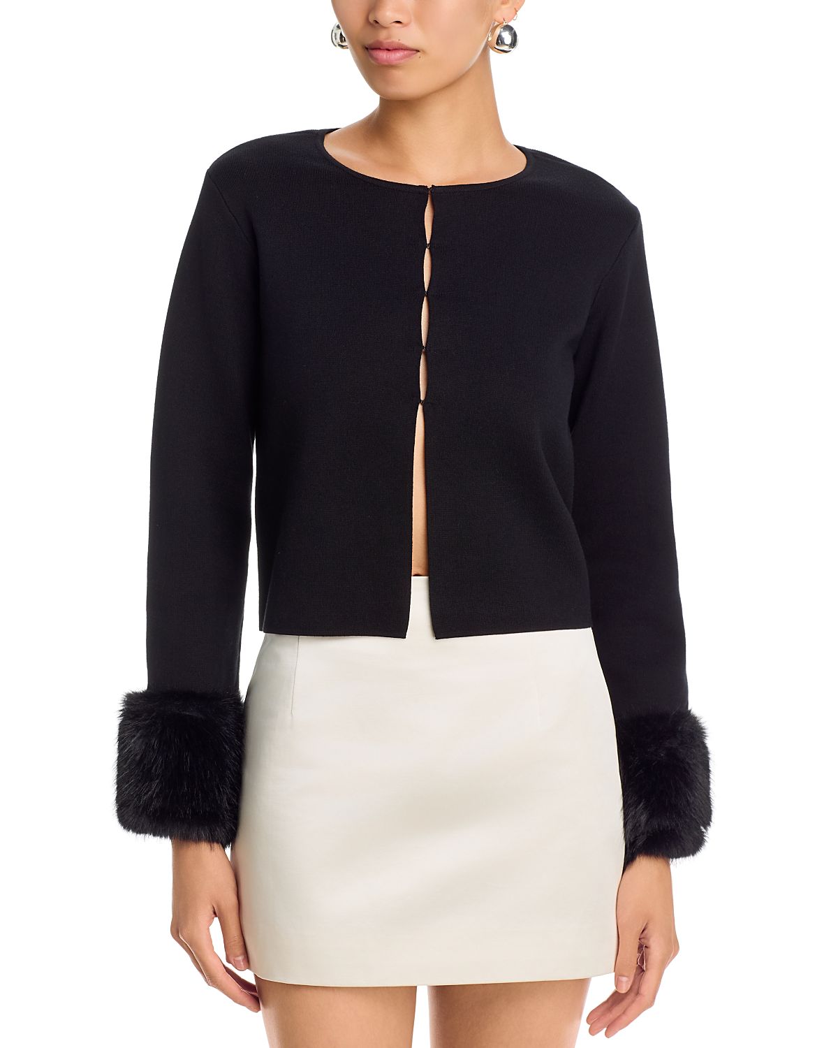 Aqua Faux Fur Trim Knit Cardigan - Exclusive
