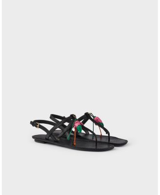  Women's Antiqued Leather Thong Sandals with Floral Ornament