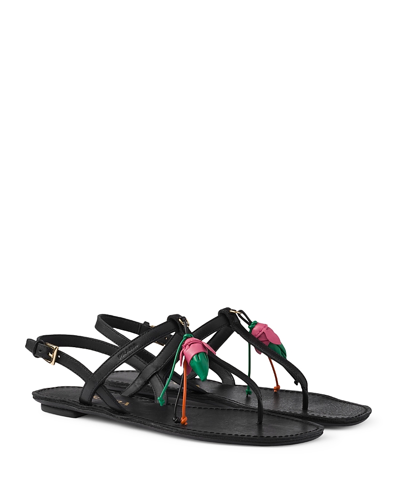 Prada Women's Antiqued Leather Thong Sandals with Floral Ornament