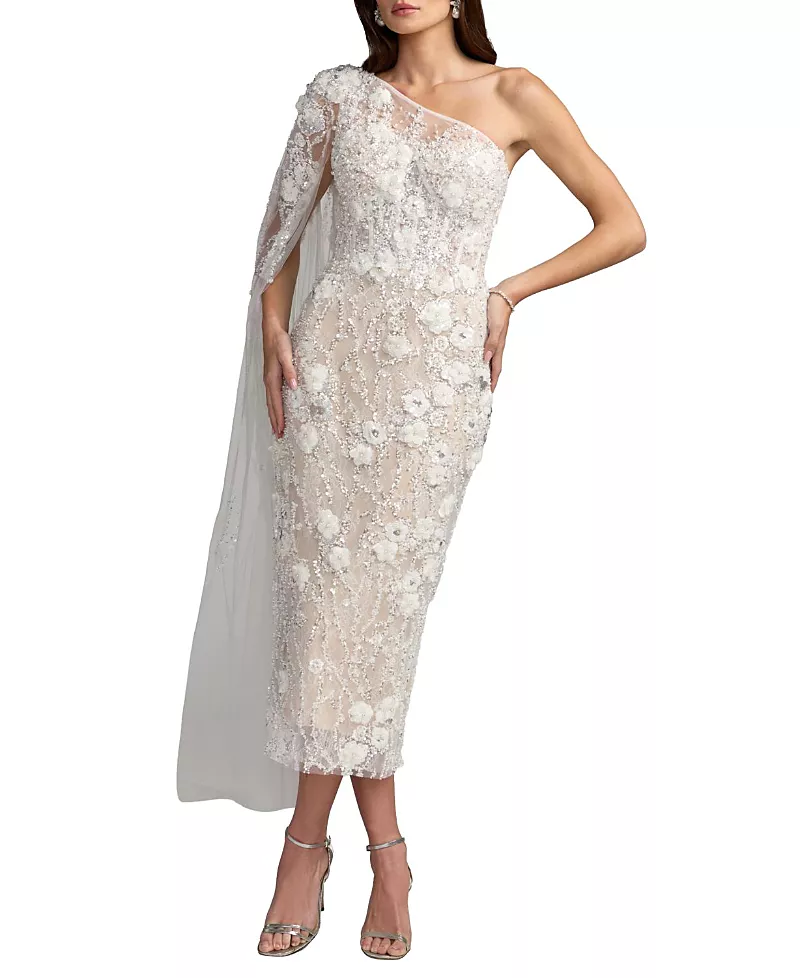 Mac Duggal Beaded One Shoulder Corset Midi Dress