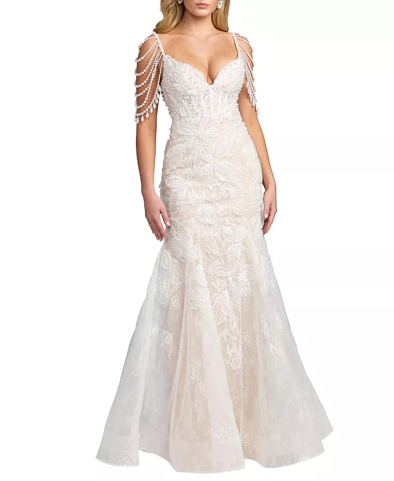 Mac Duggal Floral Lace Mermaid Gown With Draped Beading
