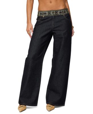 Edikted Carlie Embroidered Low Rise Wide Leg Jeans