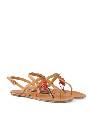 Prada Women's Antiqued Leather Thong Sandals with Floral Ornament