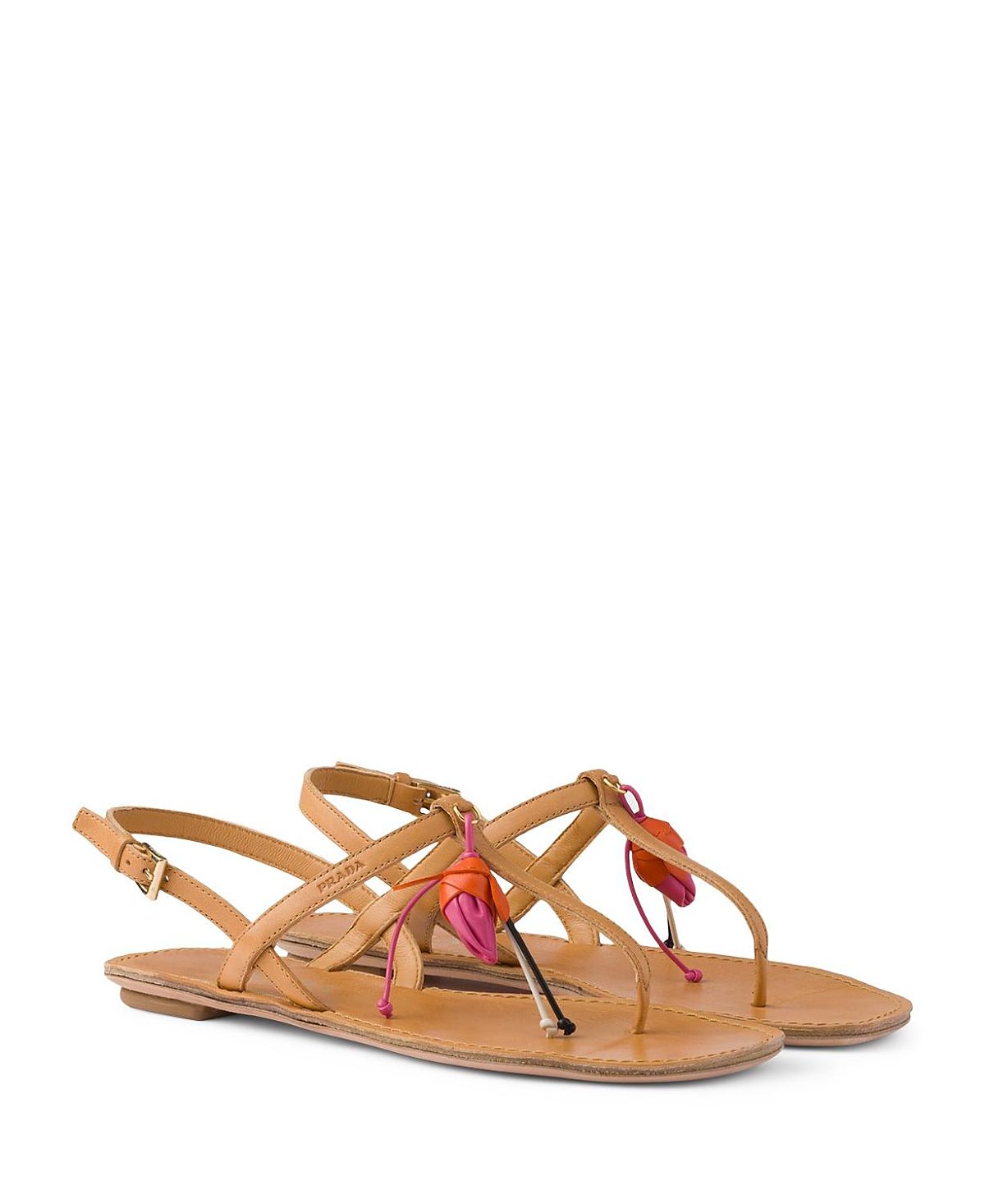 Prada Women's Antiqued Leather Thong Sandals with Floral Ornament