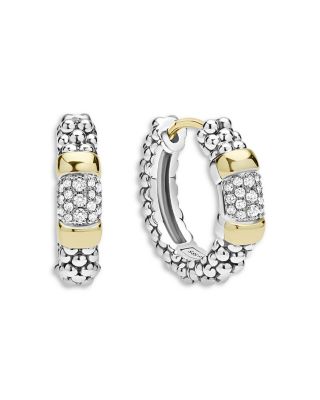 14K Yellow Gold & Sterling Silver Signature Caviar Diamond Hoop Earrings, 0.19 tcw