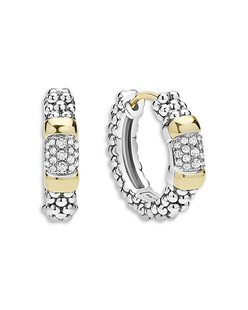 Lagos 14K Yellow Gold & Sterling Silver Signature Caviar Diamond Hoop Earrings, 0.19 tcw