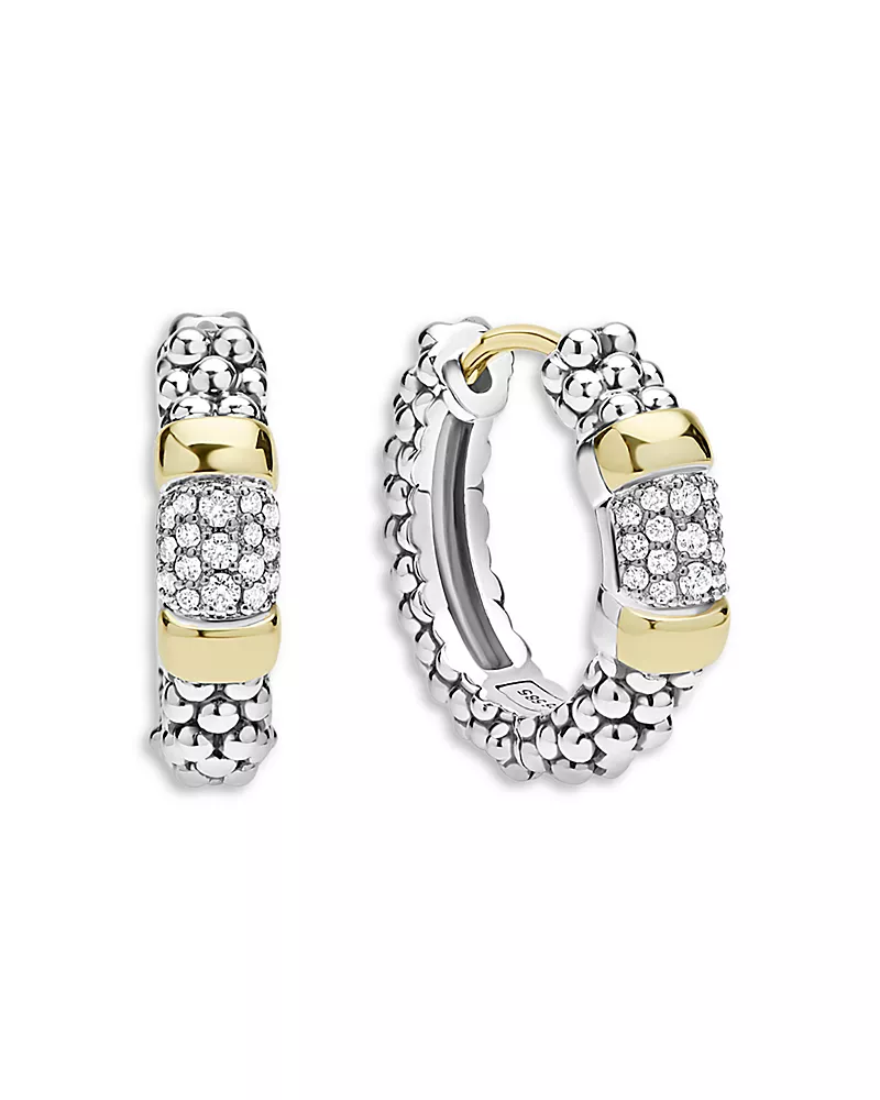 Lagos 14K Yellow Gold & Sterling Silver Signature Caviar Diamond Hoop Earrings, 0.19 tcw