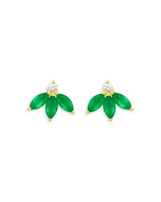 14K Yellow Gold Emerald & Diamond Leaf Cluster Stud Earrings