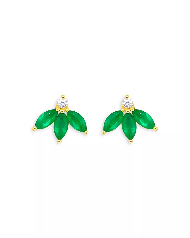 Meira T 14K Yellow Gold Emerald & Diamond Leaf Cluster Stud Earrings
